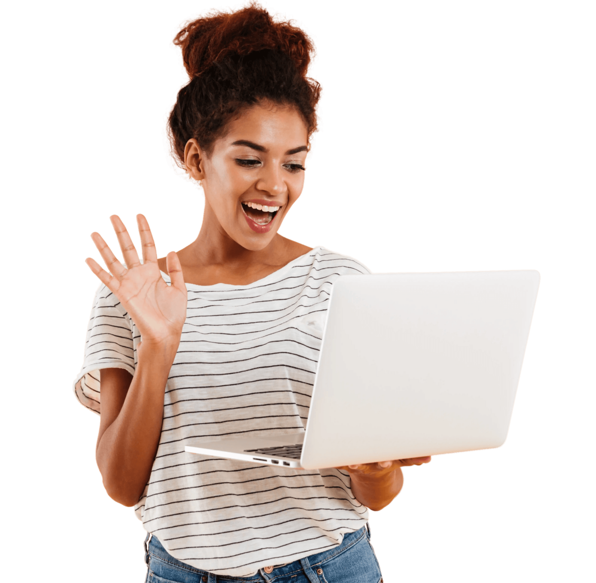 Woman excited while looking at her laptop, surprised by what she sees.