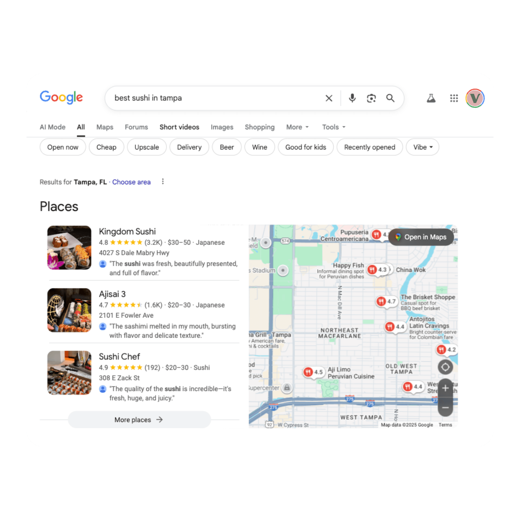 Google maps result for "Best sushi in Tampa"